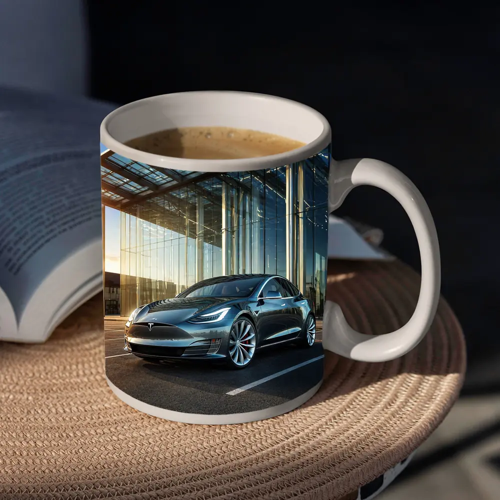 Tesla Model S Outside Glass Building – Mugs