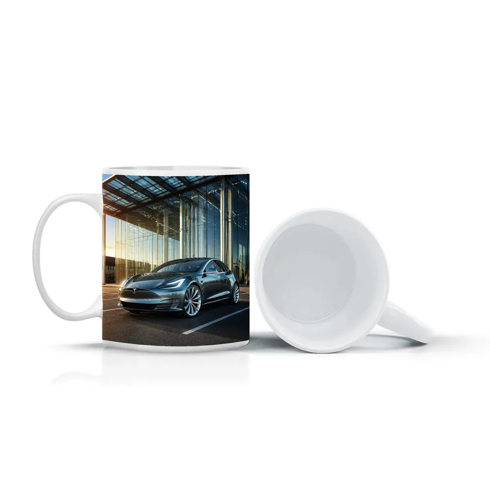 Tesla Model S Outside Glass Building – Mugs