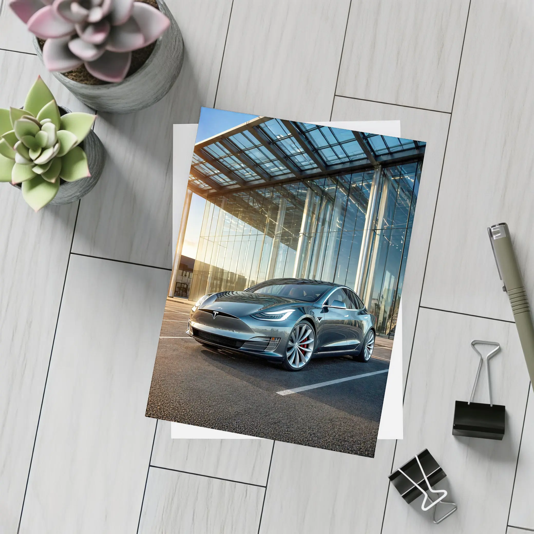 Tesla Model S Outside Glass Building – Postcards