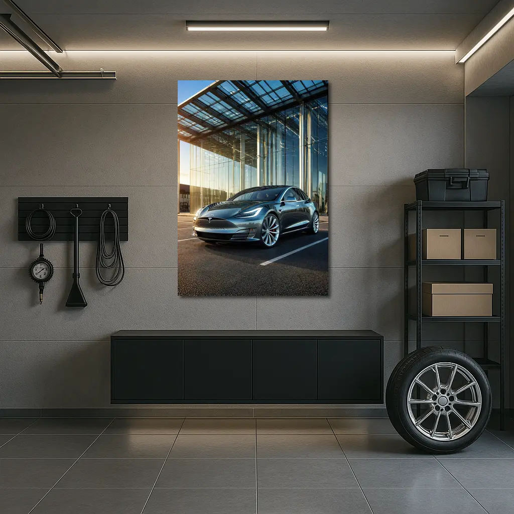 Tesla Model S Outside Glass Building – Wall Art