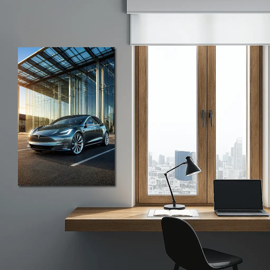 Tesla Model S Outside Glass Building – Wall Art