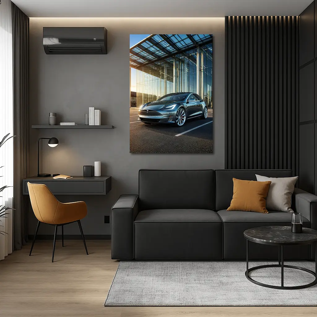 Tesla Model S Outside Glass Building – Wall Art