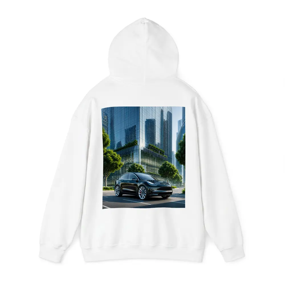 Tesla Model Y Black City Glass Buildings – Hoodies