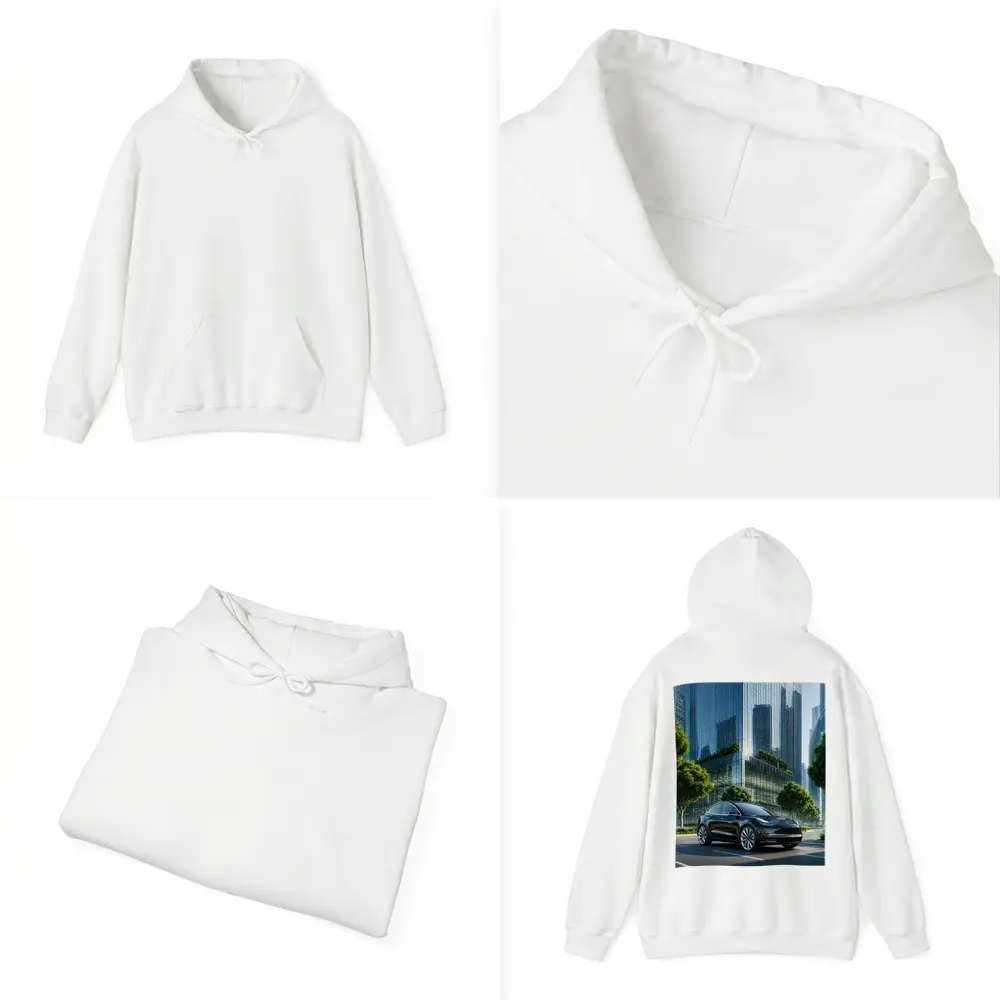 Tesla Model Y Black City Glass Buildings – Hoodies