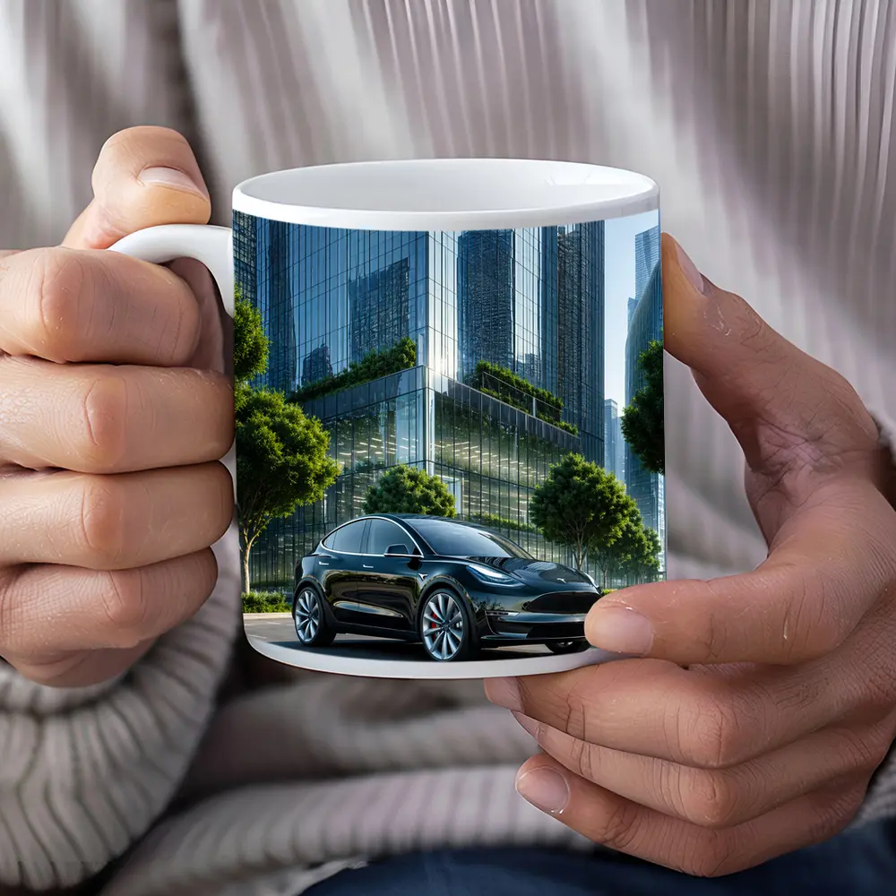 Tesla Model Y Black City Glass Buildings – Mugs