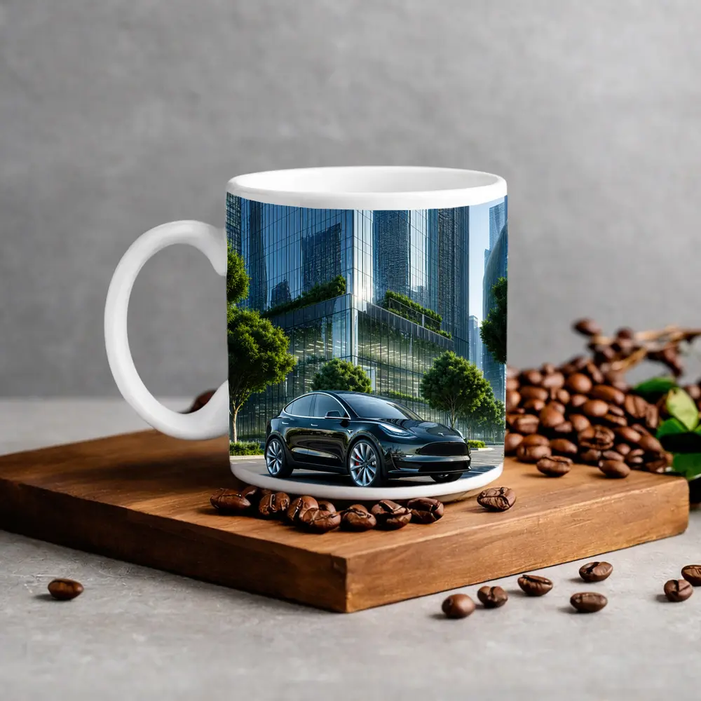 Tesla Model Y Black City Glass Buildings – Mugs