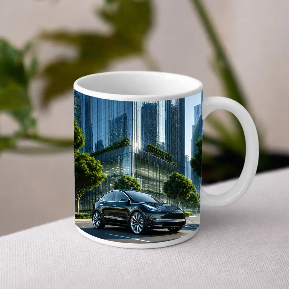 Tesla Model Y Black City Glass Buildings – Mugs