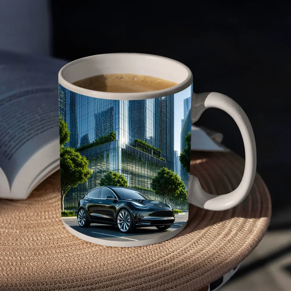 Tesla Model Y Black City Glass Buildings – Mugs