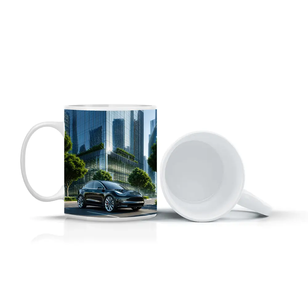 Tesla Model Y Black City Glass Buildings – Mugs