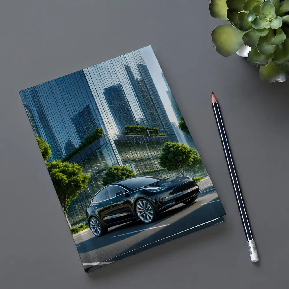 Tesla Model Y Black City Glass Buildings – Notebooks