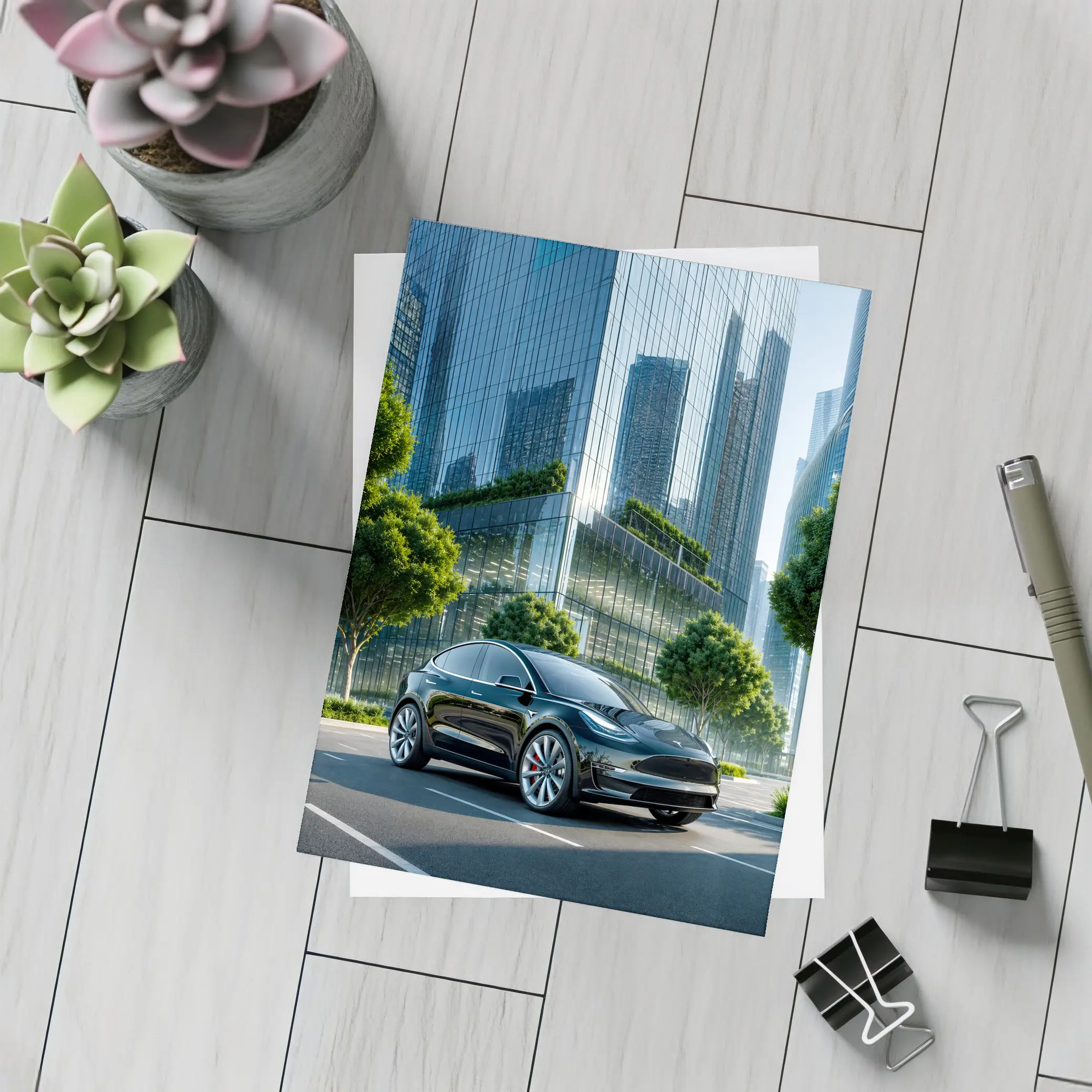 Tesla Model Y Black City Glass Buildings – Postcards