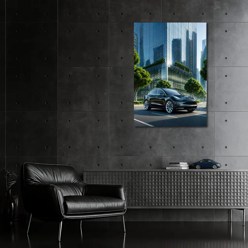Tesla Model Y Black City Glass Buildings – Wall Art
