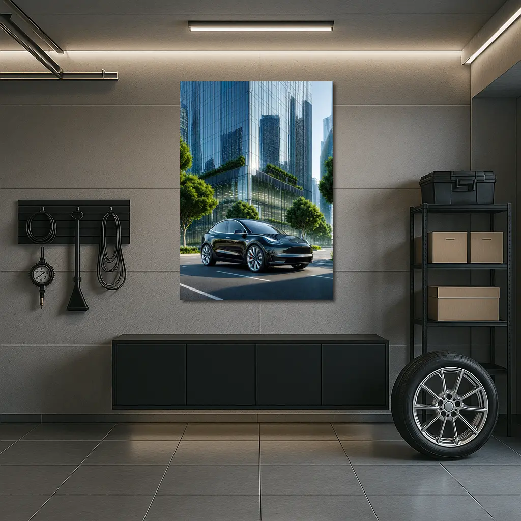 Tesla Model Y Black City Glass Buildings – Wall Art
