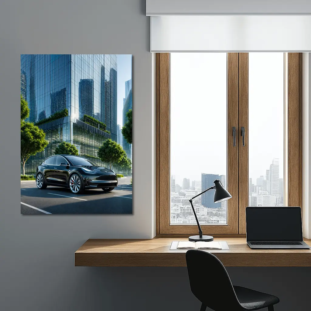 Tesla Model Y Black City Glass Buildings – Wall Art