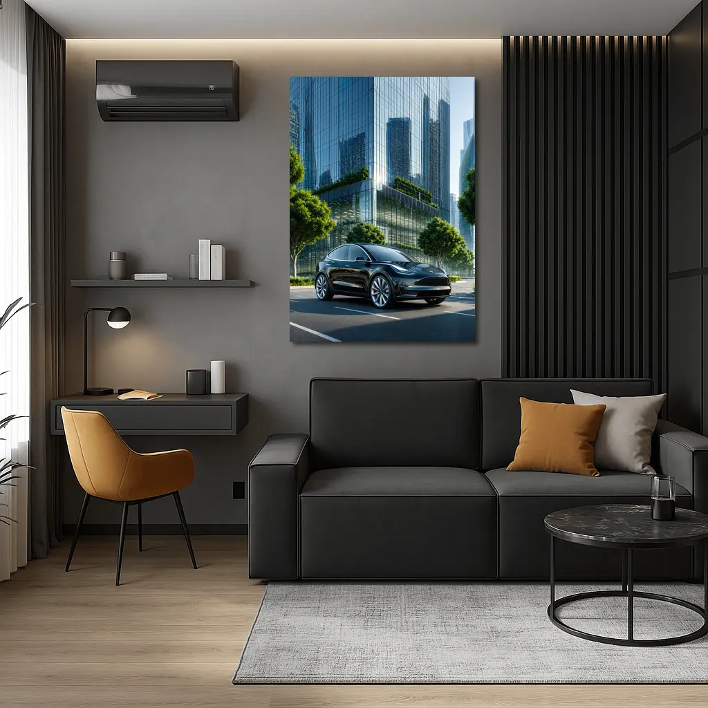 Tesla Model Y Black City Glass Buildings – Wall Art