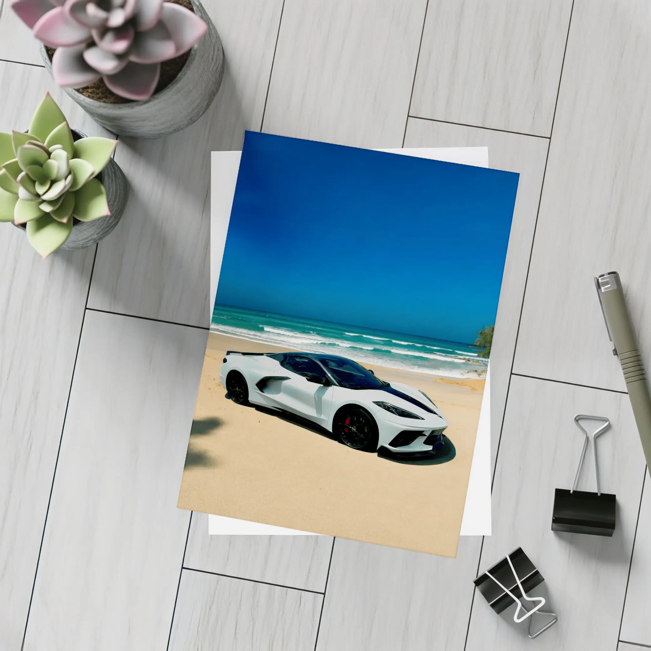 Chevrolet Corvette C8 White Beach Ocean – Postcards