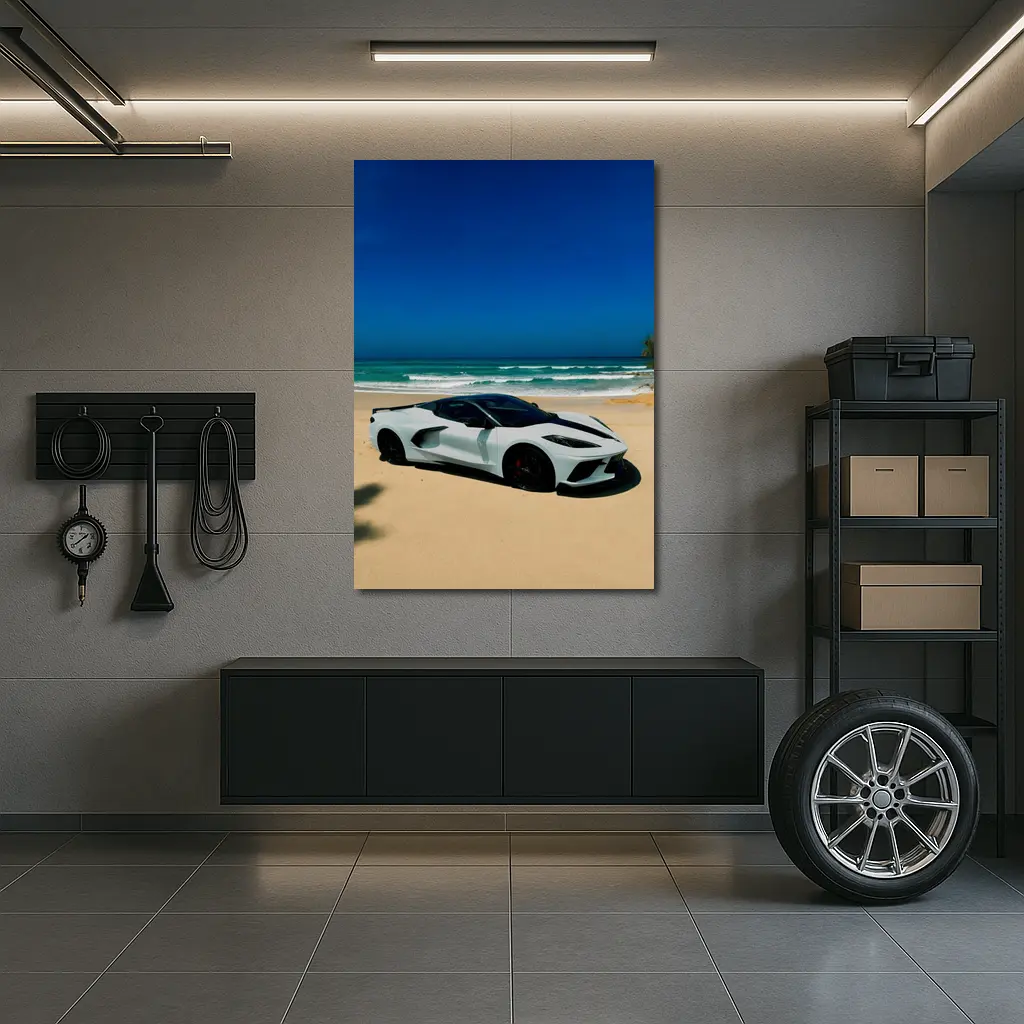 Chevrolet Corvette C8 White Beach Ocean – Wall Art