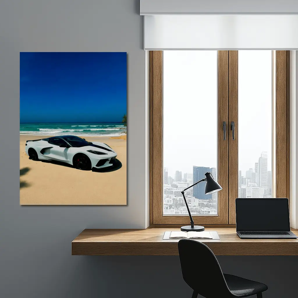 Chevrolet Corvette C8 White Beach Ocean – Wall Art