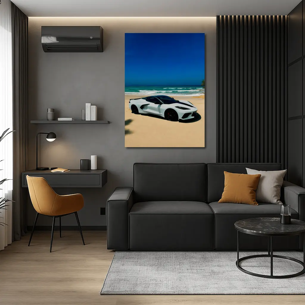Chevrolet Corvette C8 White Beach Ocean – Wall Art