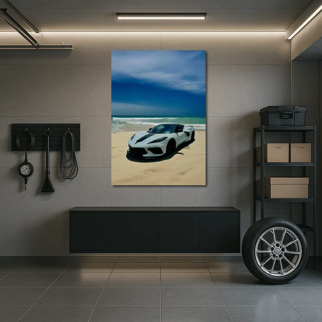 Chevrolet Corvette C8 White Beach Shore – Wall Art