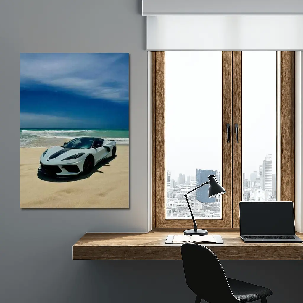 Chevrolet Corvette C8 White Beach Shore – Wall Art