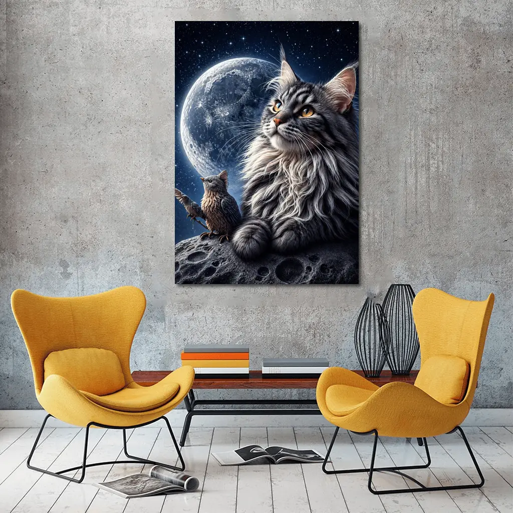 Maine Coon Cat and Bird Moon Night – Wall Art