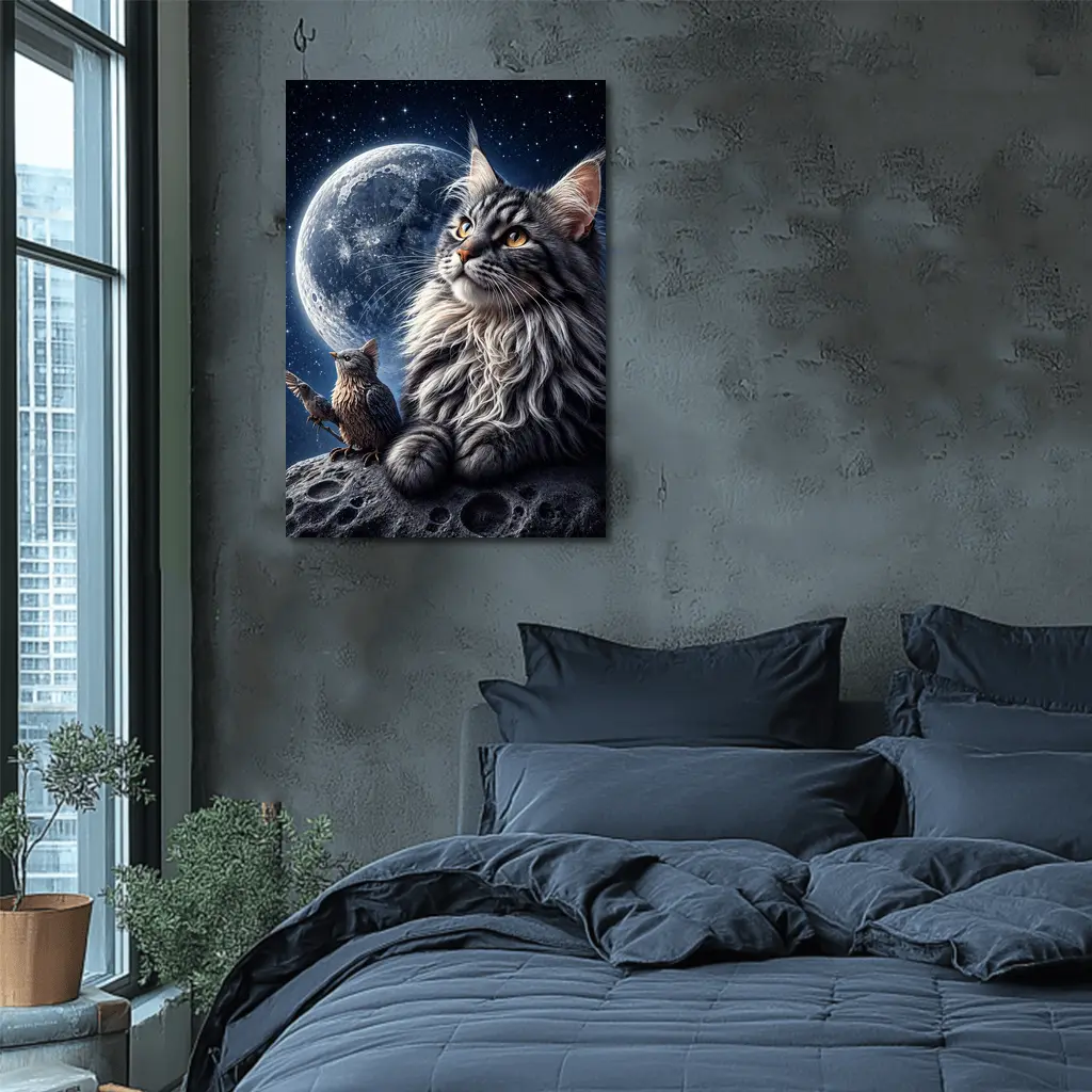 Maine Coon Cat and Bird Moon Night – Wall Art
