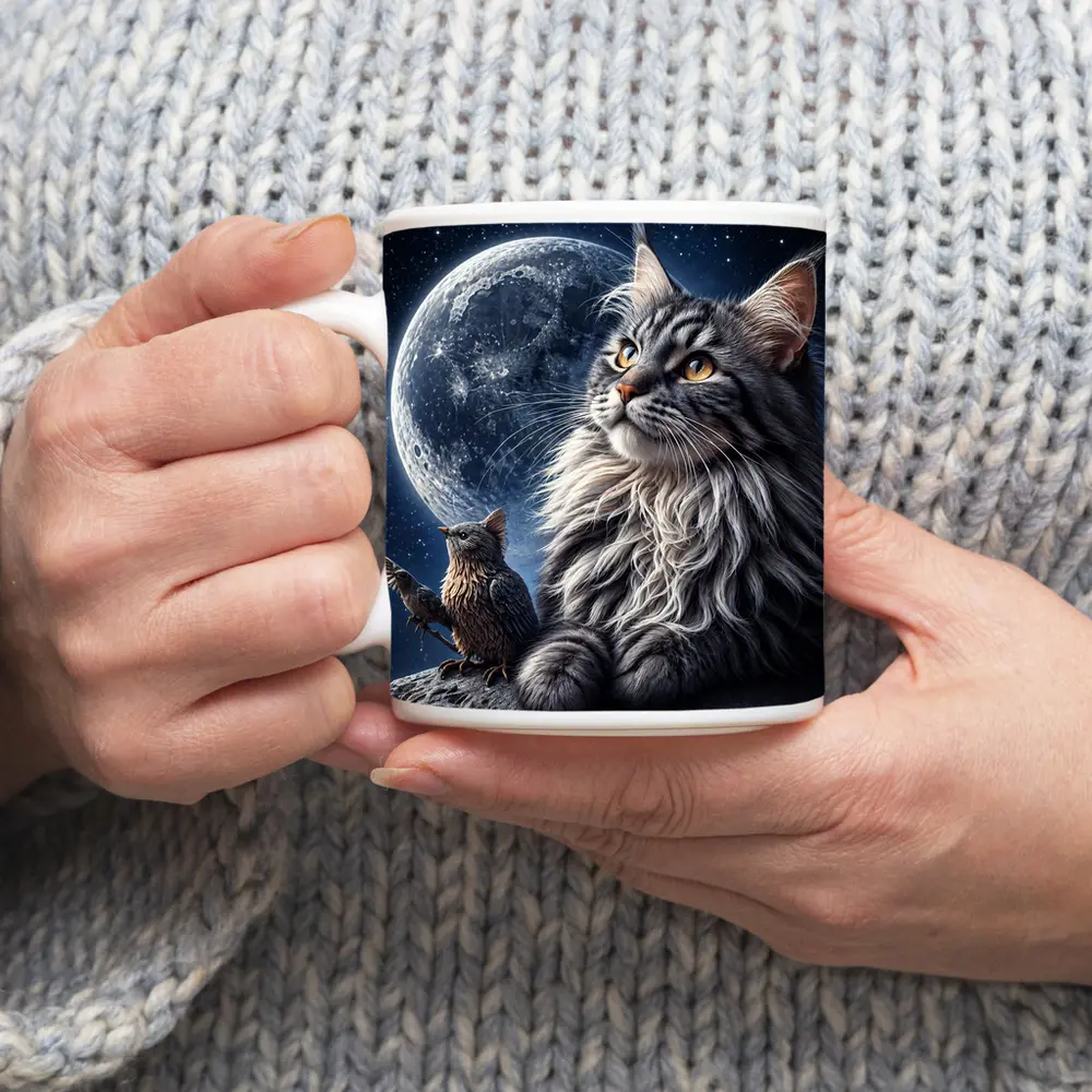 Maine Coon Cat and Bird Moon Night – Mugs