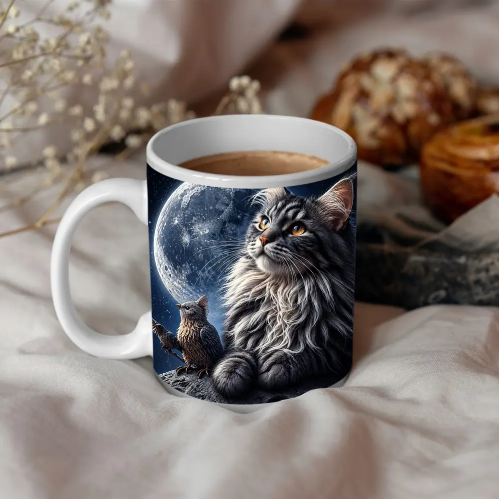 Maine Coon Cat and Bird Moon Night – Mugs