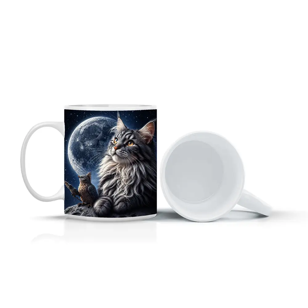 Maine Coon Cat and Bird Moon Night – Mugs