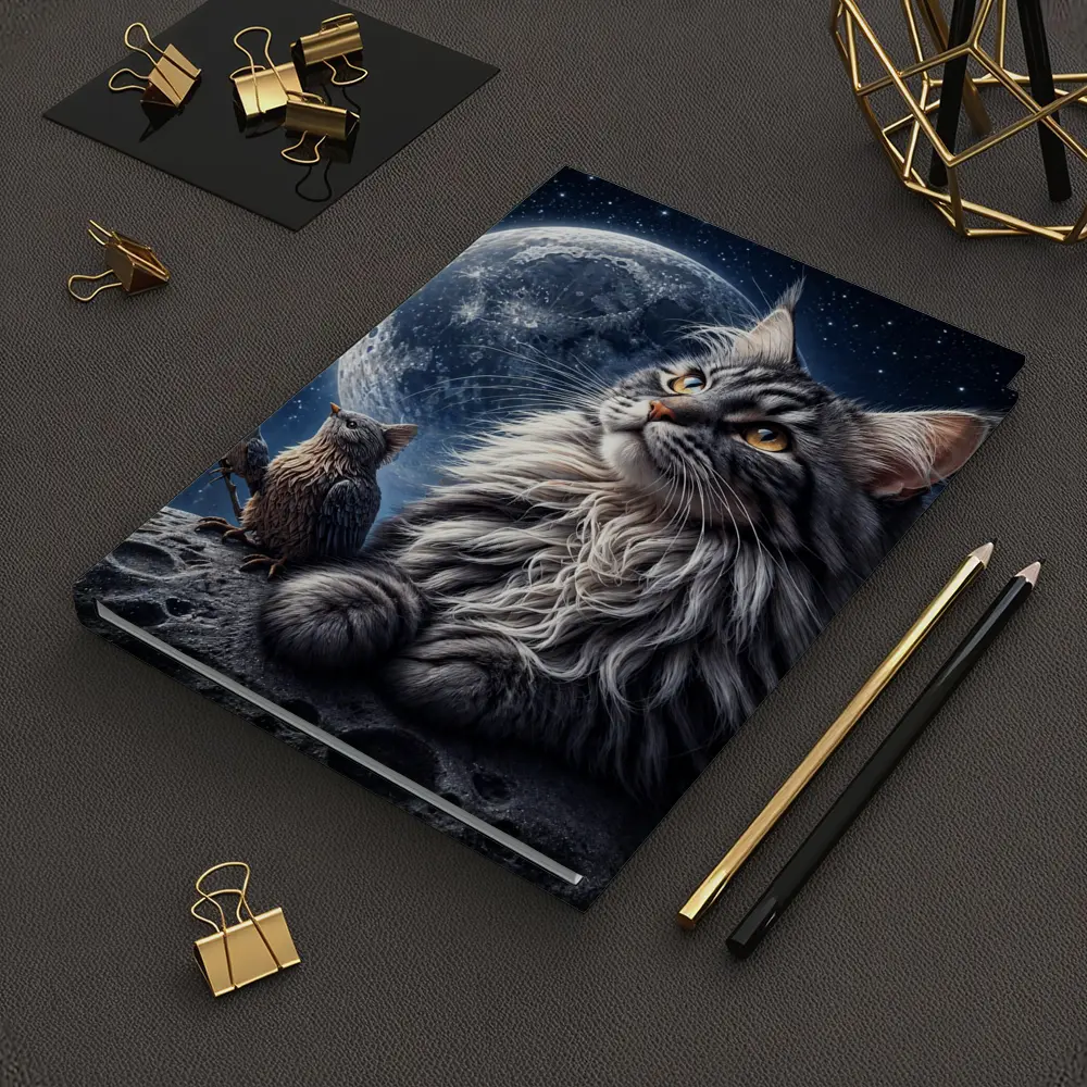 Maine Coon Cat and Bird Moon Night – Notebooks