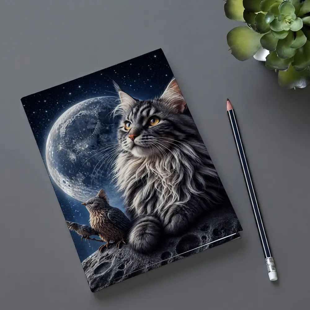 Maine Coon Cat and Bird Moon Night – Notebooks