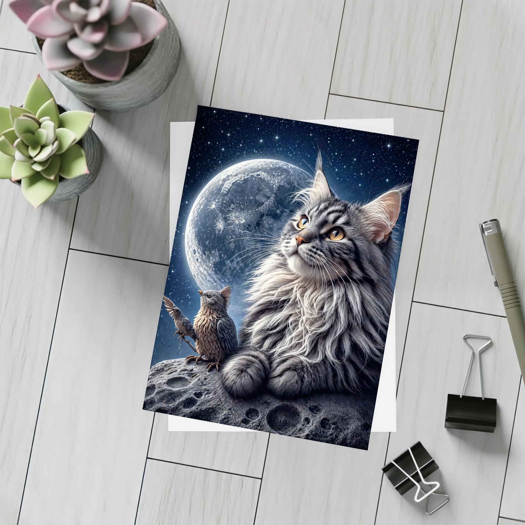 Maine Coon Cat and Bird Moon Night – Postcards