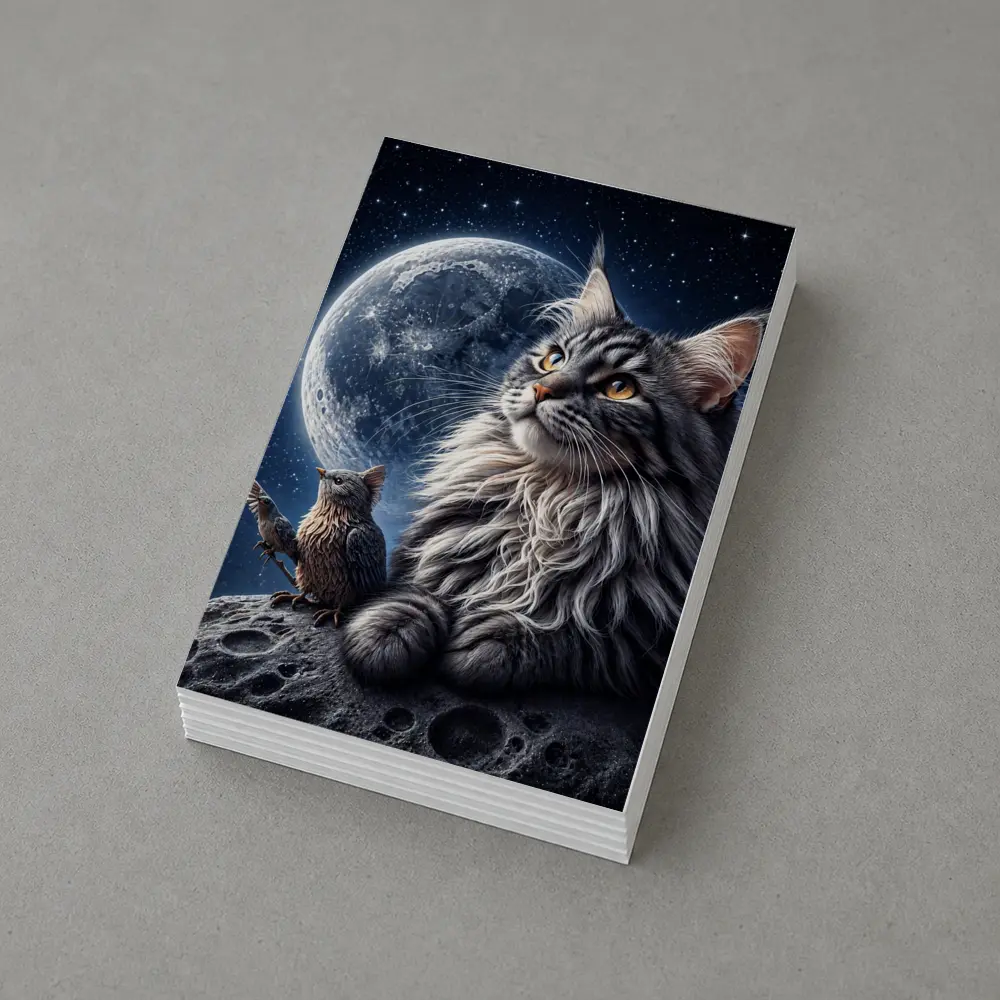 Maine Coon Cat and Bird Moon Night – Postcards