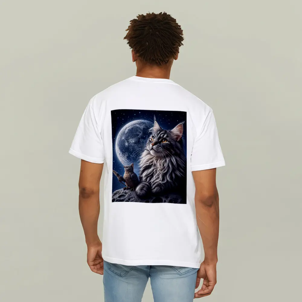 Maine Coon Cat and Bird Moon Night – T-Shirts