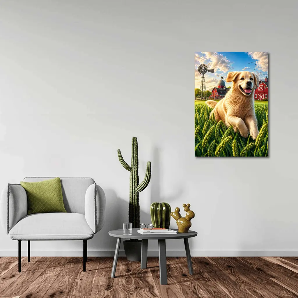 Golden Retriever Running Through Farm Wheat Field – Wall Art
