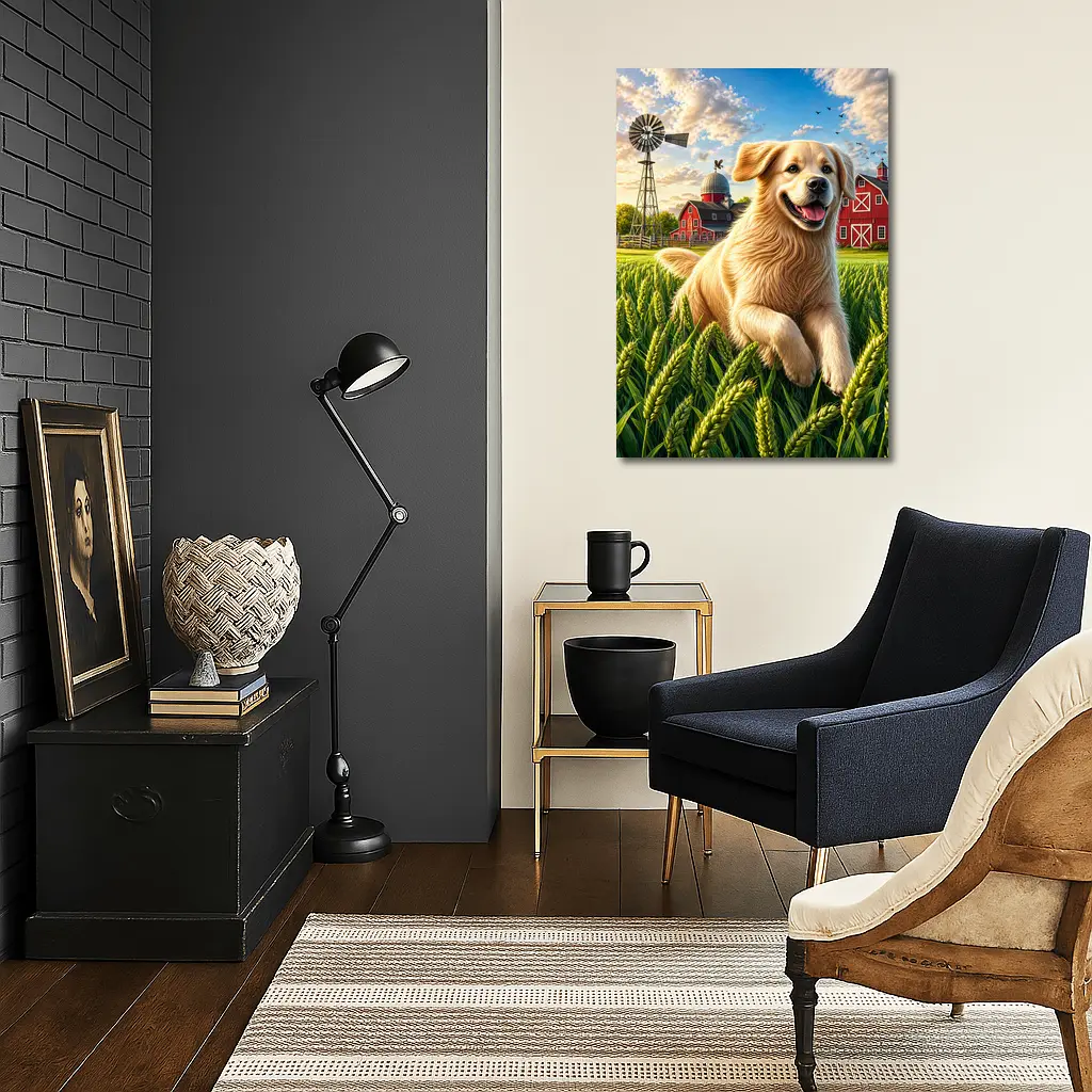 Golden Retriever Running Through Farm Wheat Field – Wall Art