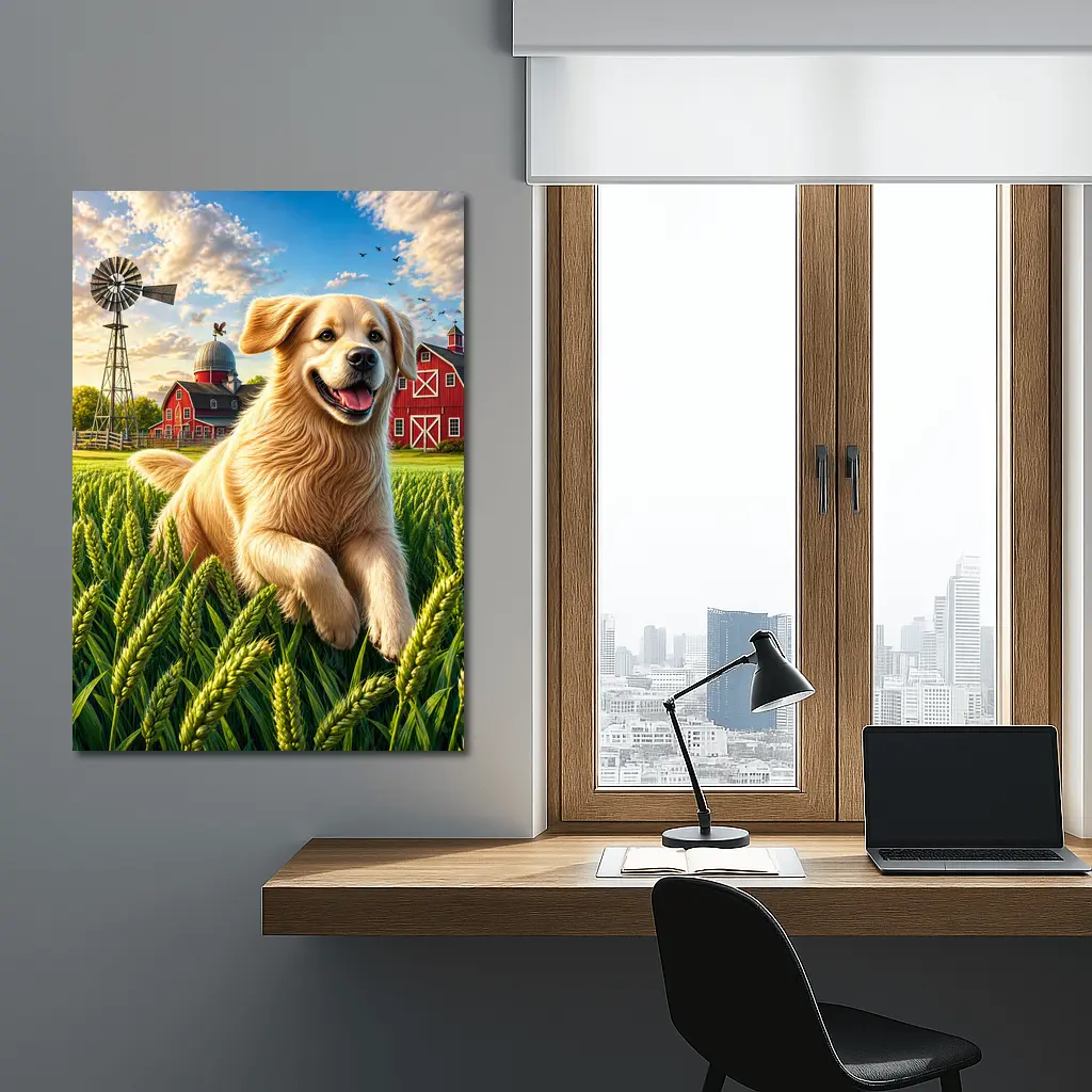 Golden Retriever Running Through Farm Wheat Field – Wall Art