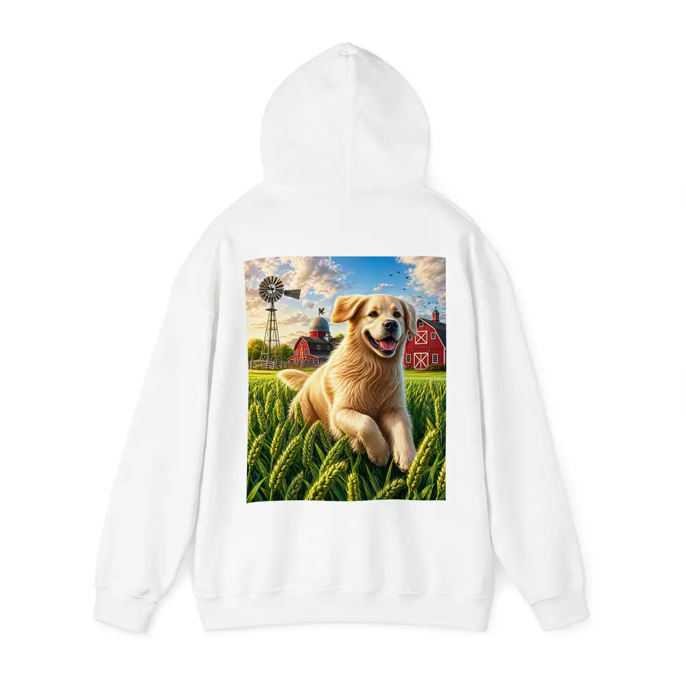 Golden Retriever Running Through Farm Wheat Field – Hoodies