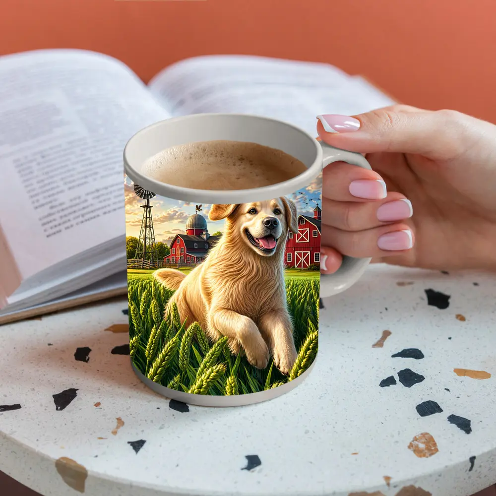 Golden Retriever Running Through Farm Wheat Field – Mugs