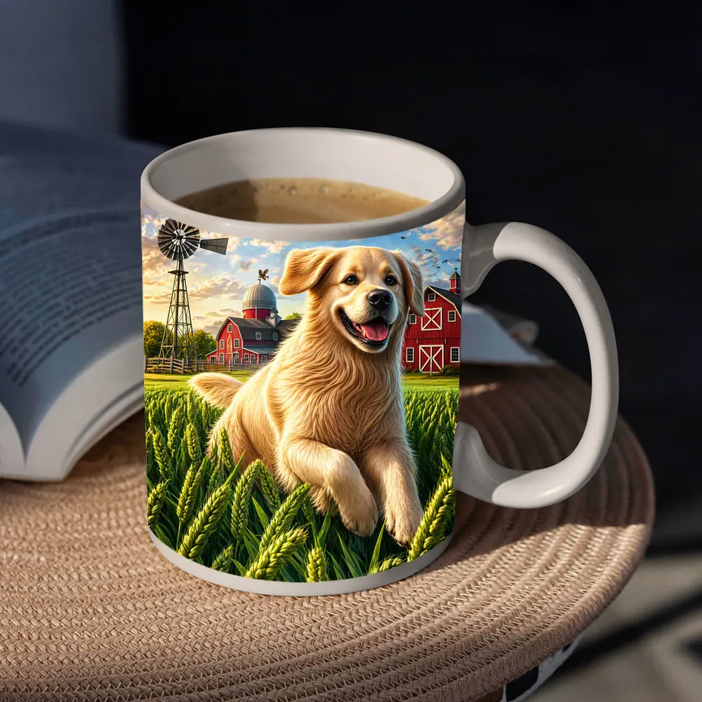 Golden Retriever Running Through Farm Wheat Field – Mugs