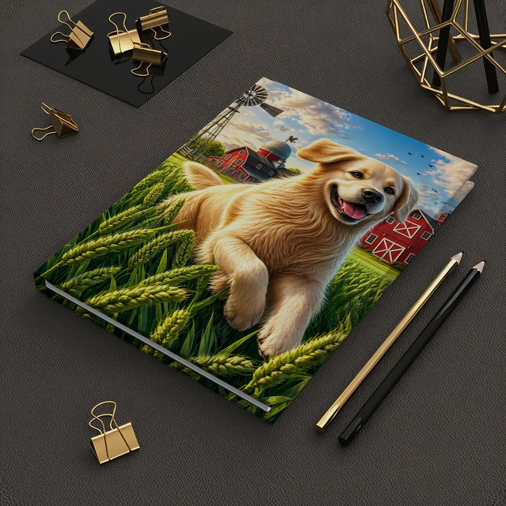 Golden Retriever Running Through Farm Wheat Field – Notebooks