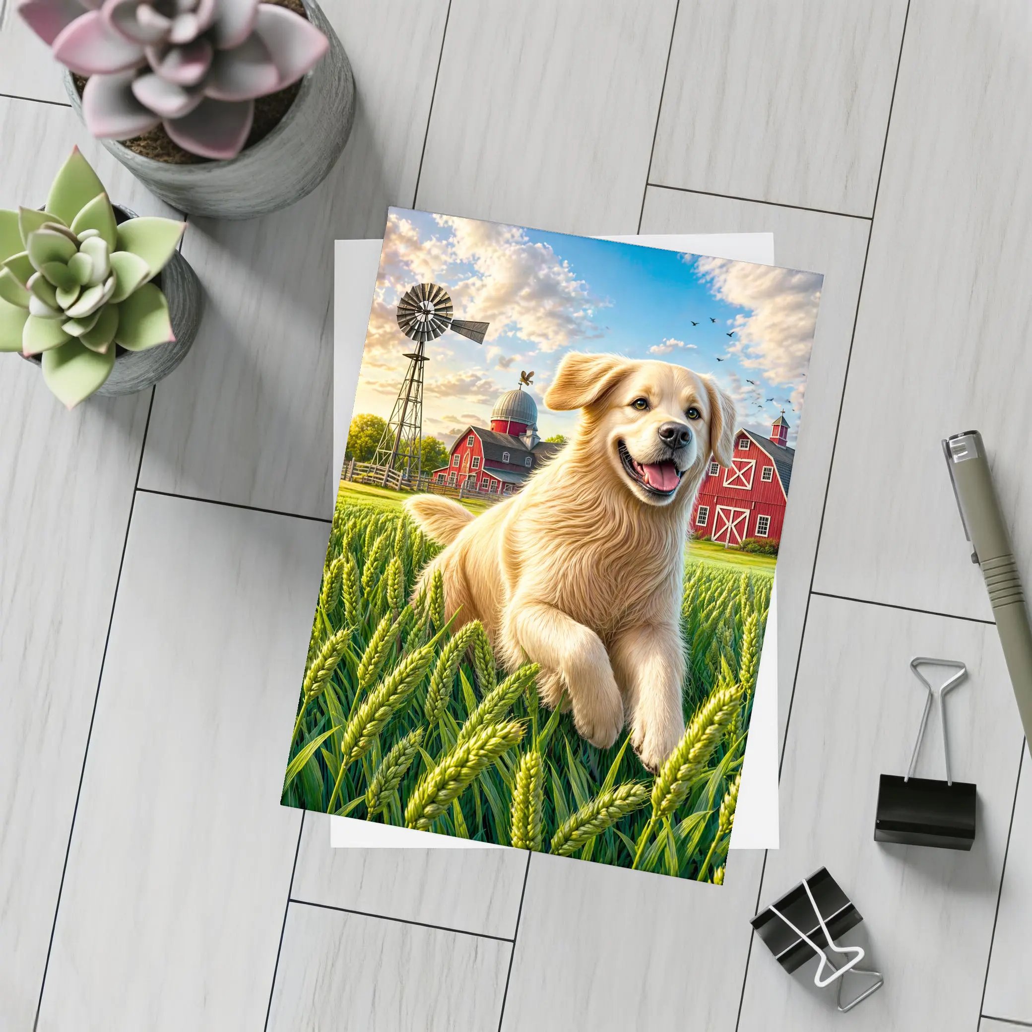 Golden Retriever Running Through Farm Wheat Field – Postcards