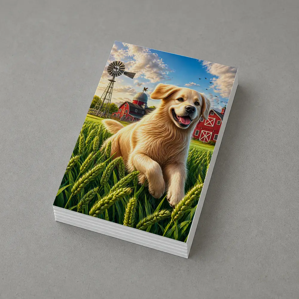 Golden Retriever Running Through Farm Wheat Field – Postcards