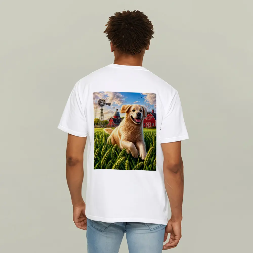 Golden Retriever Running Through Farm Wheat Field – T-Shirts