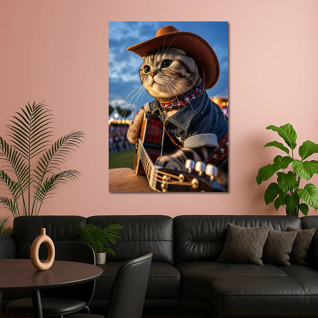Cowboy Cat Playing Guitar at Festival – Wall Art