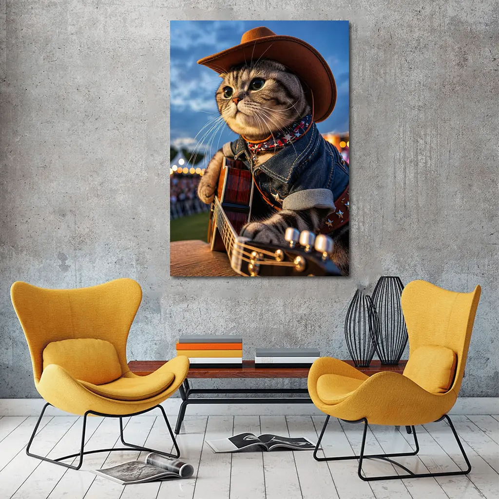 Cowboy Cat Playing Guitar at Festival – Wall Art