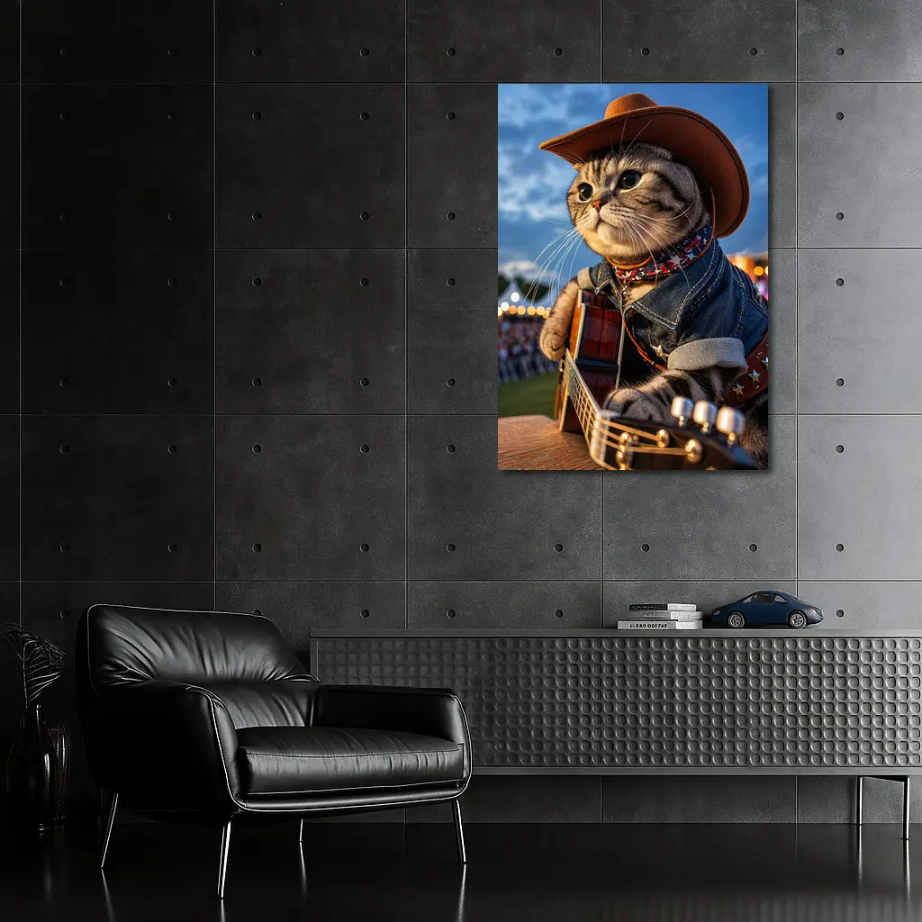 Cowboy Cat Playing Guitar at Festival – Wall Art