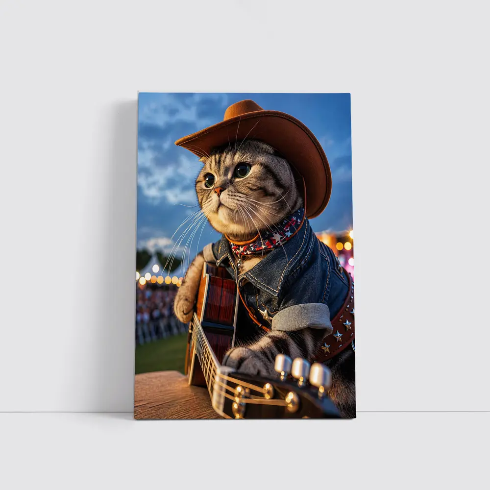 Cowboy Cat Playing Guitar at Festival – Wall Art