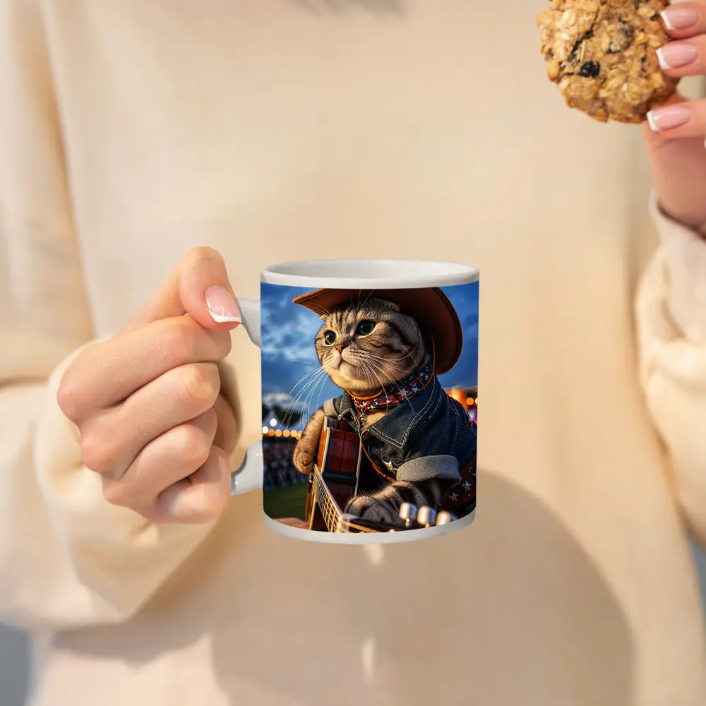 Cowboy Cat Playing Guitar at Festival – Mugs